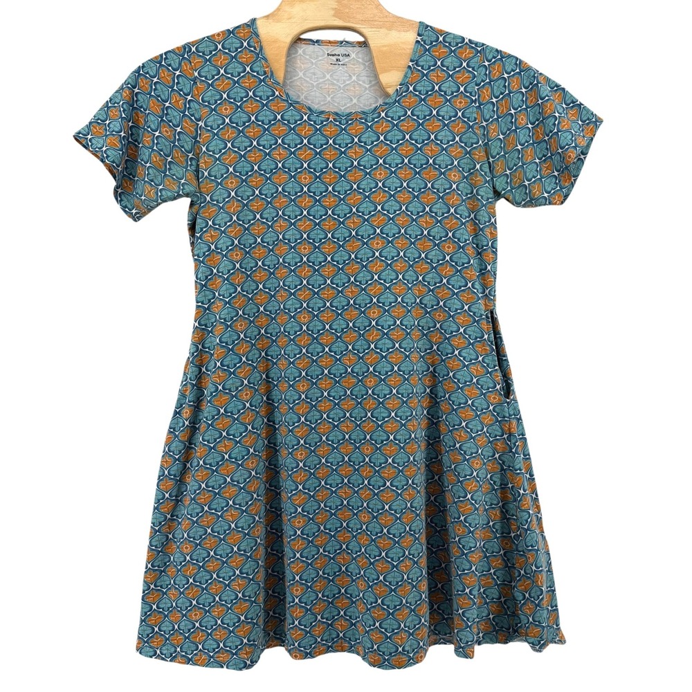 Svaha USA Womens XL Geometric Print Cotton SS Tunic Pocket Dress Teal Orange